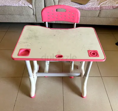 Pink kids study table and chair set - used