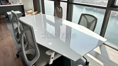 Modern White Glass Office Meeting Table with 4 Ergonomic Chairs