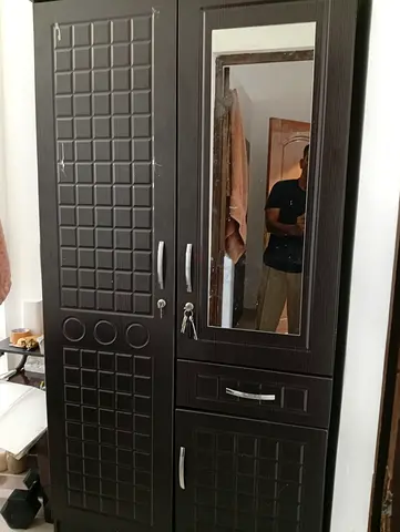 Dark Brown Wooden Wardrobe with Mirror - Good Condition