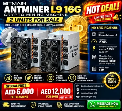 Bitmain Antminer L9 16G Crypto Mining Machine - 16 GH/s (2 Units Available)