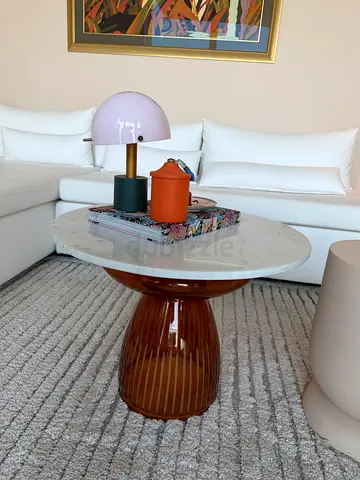 Marble Top Side Table, Amber Glass Base