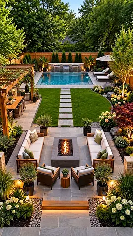 Well-designed backyard garden seating area with pool and pergola