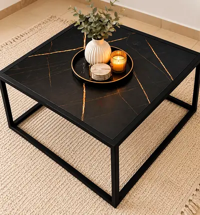 Modern square black marble top coffee table with metal frame same like new