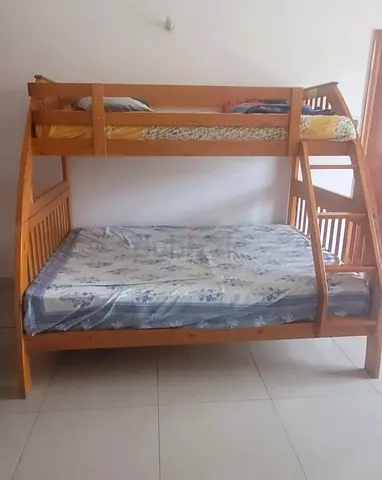 Solid Wood Bunk Bed (Double on Bottom, Single on Top), with 2 mattresses - Good Condition