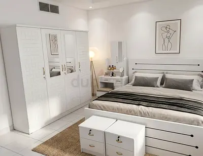 New Complete white bedroom set — bed with storage, wardrobe and bedside drawers