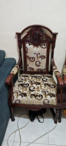 Ornate wooden armchair with patterned upholstery - used