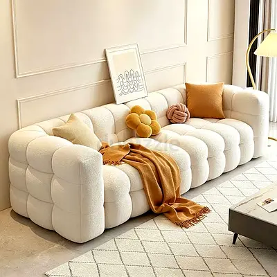 Modern 3-Seater Tufted Bouclé Sofa - Cream, Excellent Condition