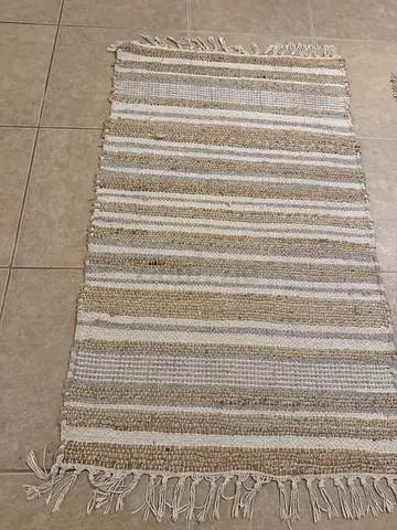 Handwoven Scandinavian Beige & White Striped Runner Rug with Fringe