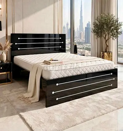 Modern Black High-Gloss Double Bed with Headboard