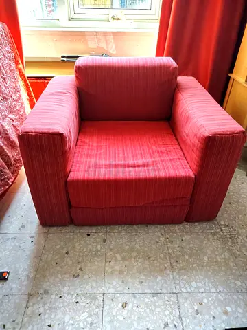 Red upholstered single armchair - sturdy, comfortable, good condition -