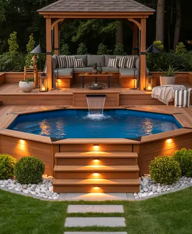 Wooden Above Ground Spa Hot Tub with Integrated Deck and Seating with sofa set & water fountain view