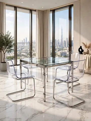 Modern Glass Dining Table with 4 Transparent Acrylic Chairs