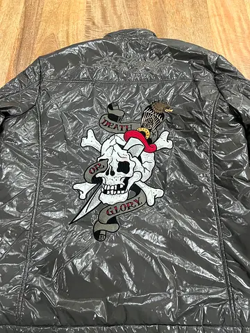 Vintage Ed Hardy "Death Or Glory" Embroidered Shiny Puffer/Field Jacket (Metallic Grey)