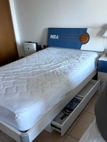 Single bed with under-bed drawers and NBA-themed headboard - white