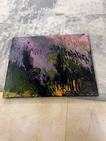Abstract resin pour art panel - purple, black and gold