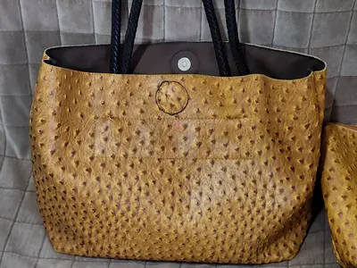 Large Tan Ostrich-Effect Tote Bag with Rope Handles