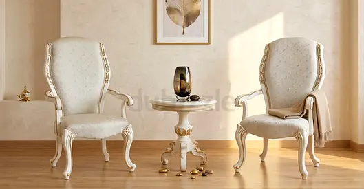 Pair of elegant vintage cream armchairs with matching side table