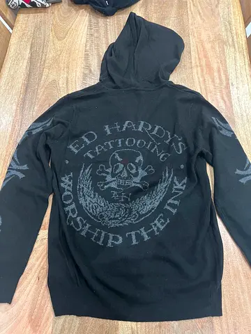 Vintage Ed Hardy "Worship The Ink" Skull Knit Zip Hoodie - Size Large (Black & Grey)