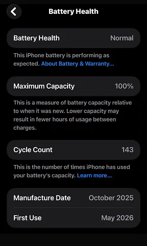 iPhone 17 pro max with 100% Battery Health, 143 Cycles (Used)