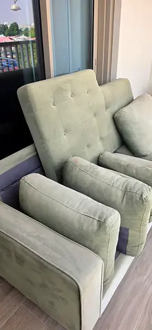 Light green 3-seater fabric sofa with cushions – good condition