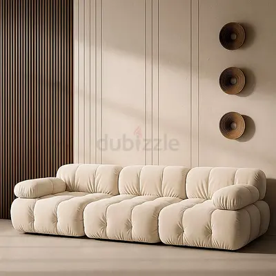 Beige Plush Modular 3-Seater Sofa — Modern Low-Profile Design