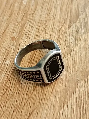 925 men's silver signet ring with black enamel Greek key design