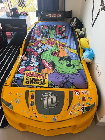 Home Centre Kids Yellow Race Car Bed with mattress - Excellent Condition