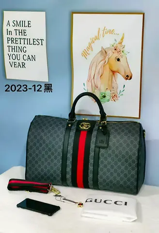 Gucci-style Monogram Duffel Bag with Red/Green Stripe - master copy