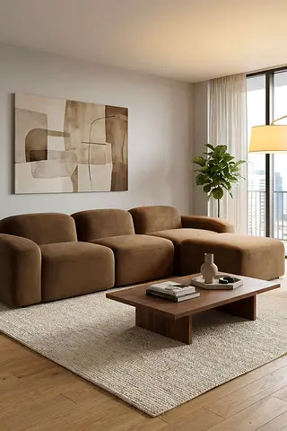 Modern brown modular sofa with chaise - comfortable 3-seater