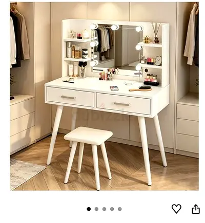 White Vanity Dressing Table with Mirror & Stool, LED Lights, 2 Drawers