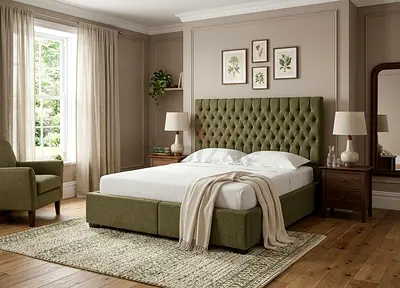 Upholstered tufted king-size bed with storage - olive green