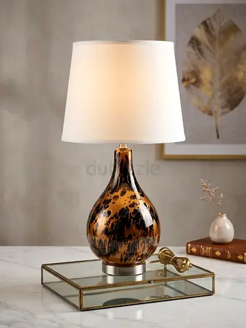 Glass Table Lamp with Brown Speckled Base and White Shade