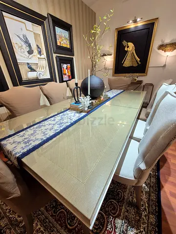 Wood & Glass-top Dining Table with Upholstered Chairs - Set for 8