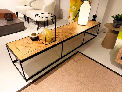 Long industrial-style wooden and metal TV console / bench