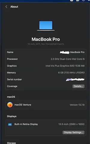 MacBook Pro 13-inch (2017) - 2.3GHz i5, 8GB RAM, 2560x1600 Retina