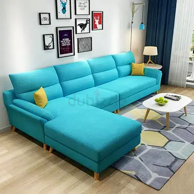 Modern turquoise L-shaped fabric sofa with chaise, excellent condition