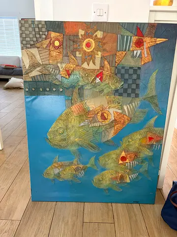 Large Abstract Fish Painting on Canvas - Nautical Wall Art