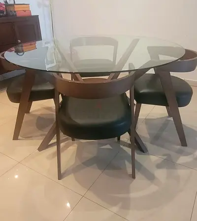 Glass Top Round Dining Table with 4 Wooden Chairs - Good Condition