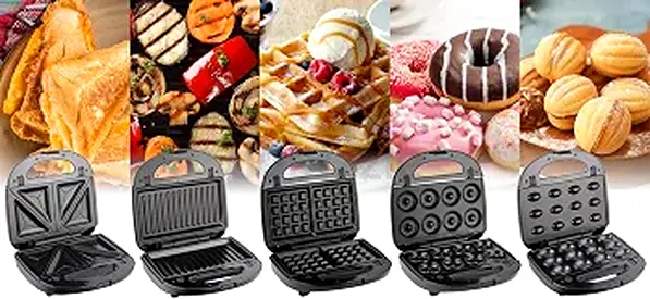5-in-1 Multifunctional Sandwich Maker with Interchangeable Plates for Sandwiches, Waffles, Mini Donu