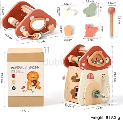 EERKEOD Wooden Baby Activity Cube for Toddlers,5 in 1 Castle Shape Sorter Bead Maze Montessori Toys
