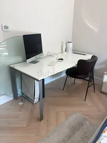White modern study desk with storage drawer and metal legs