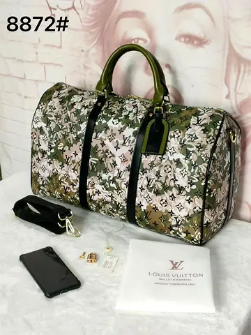 Green Camouflage LV-style Travel Duffel Bag with Strap