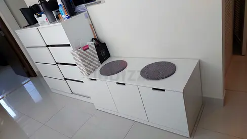 White low storage cabinet/bench with 3 doors and drawers