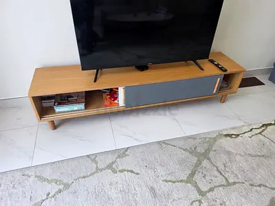 Low wooden TV cabinet / media console with sliding door - light oak finish