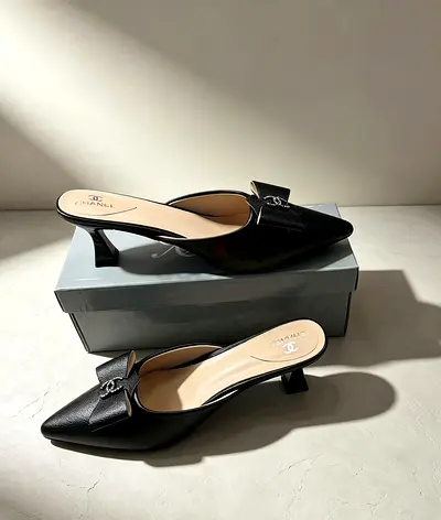 Black Chanel-inspired leather kitten heel mules, size 36-42
