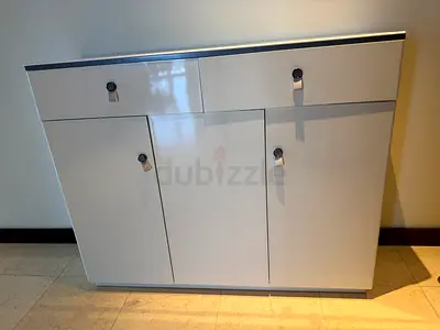 White gloss storage cabinet with drawers and doors - good condition