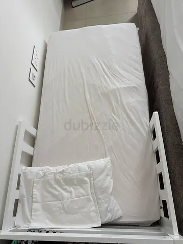 Ikea new Single white wooden bed frame with mattress (good condition) for Kids