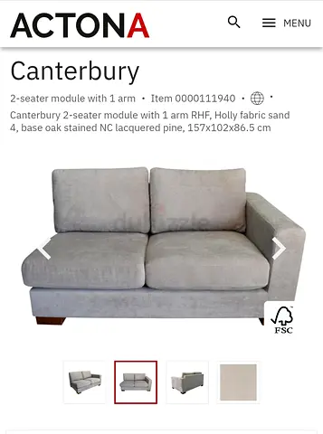 Canterbury 2-Seater Sofa Module with 1 Arm (Right Hand) - Light Grey