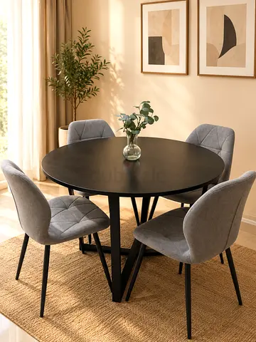 Round dining table with 4 upholstered chairs - black top, grey fabric