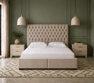 Beige Tufted King Bed with Headboard
